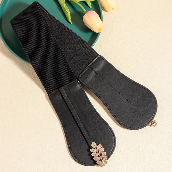 2/$30 Elastic Stretch Black Belt Pu Leather Gold Leaf Buckle For Dress Coats - Picture 5 of 8